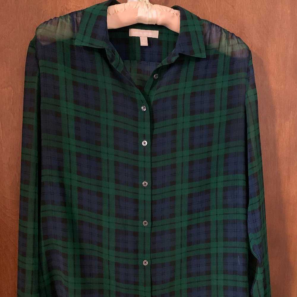 Banana Republic Sheer Plaid Long Sleeve Blouse